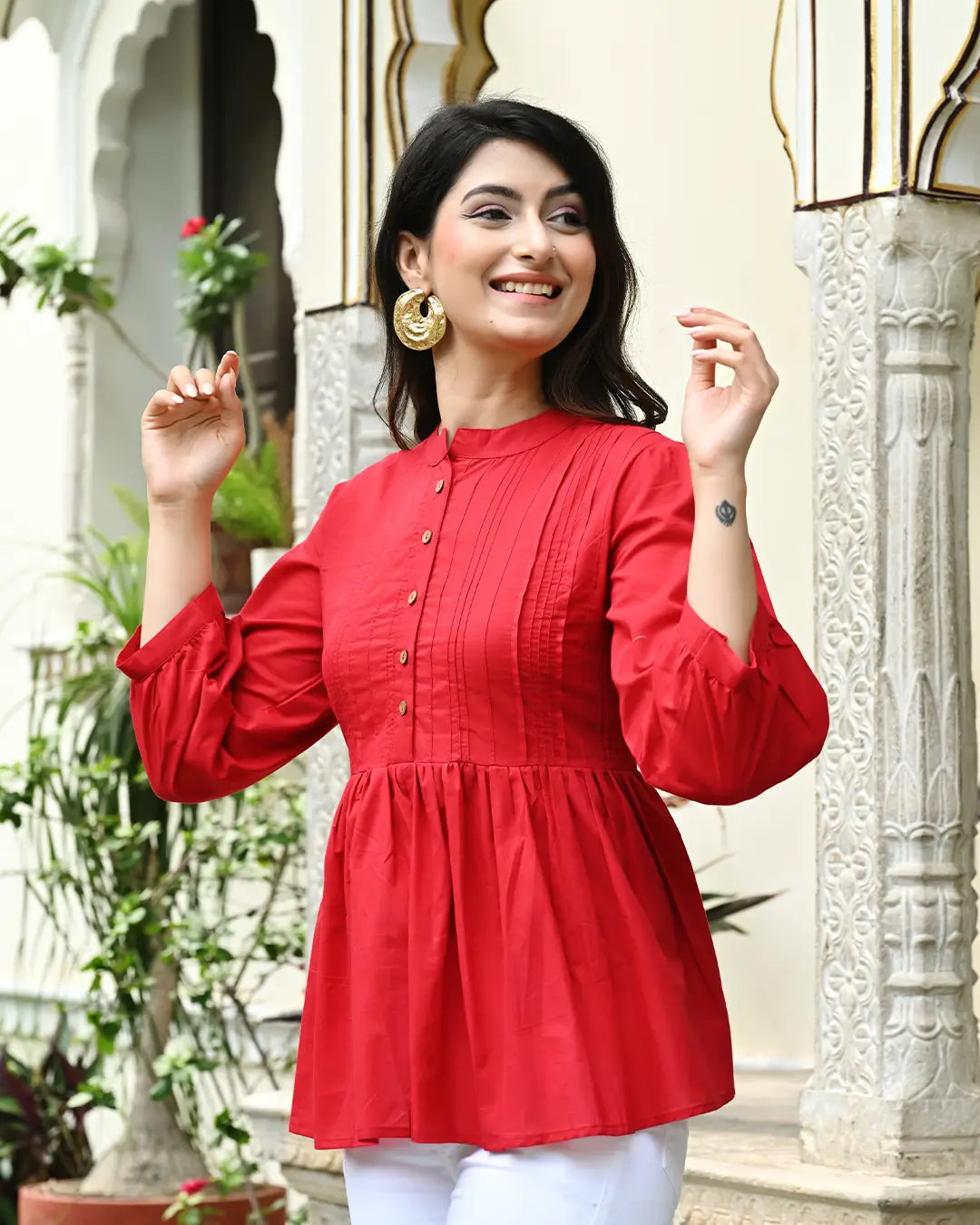 Red Solid Pintucks Top