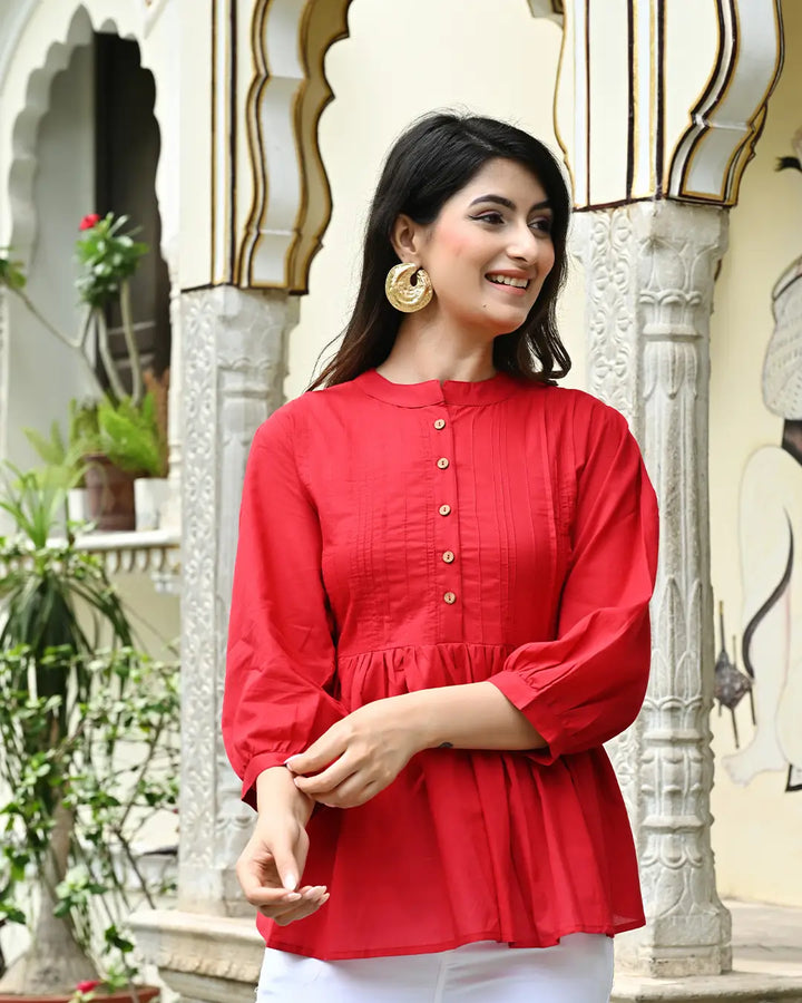 Red Solid Pintucks Top