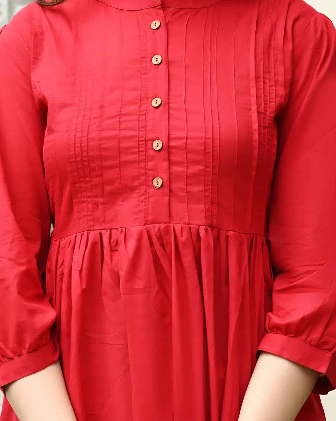 Red Solid Pintucks Top
