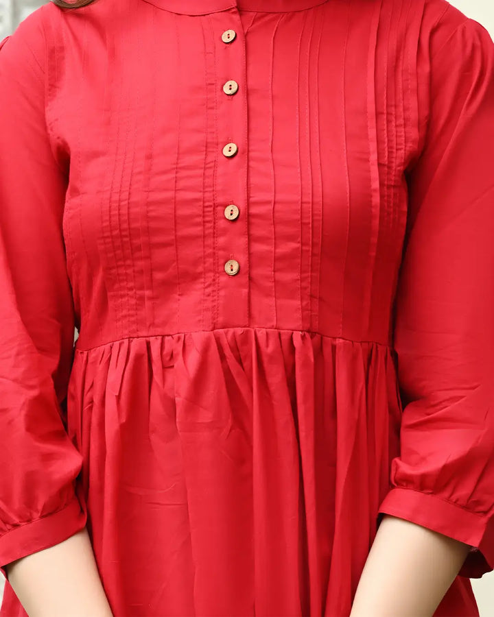 Red Solid Pintucks Top