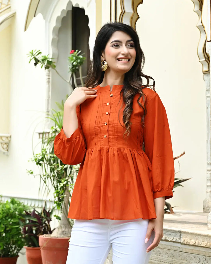 Orange Solid Pintucks Top
