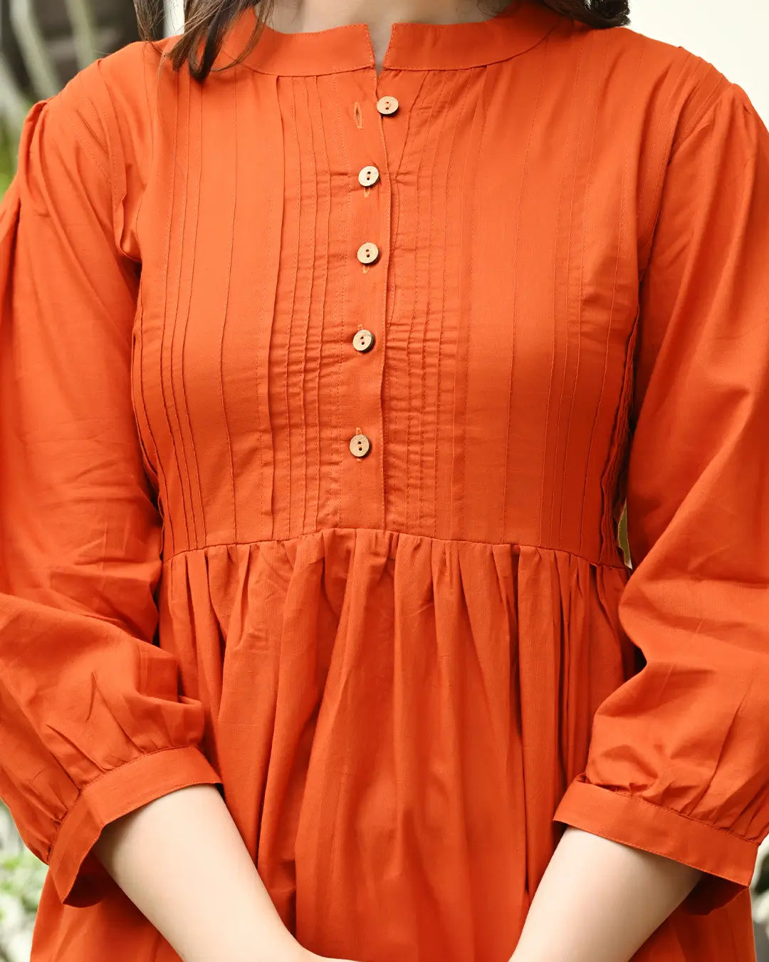 Orange Solid Pintucks Top
