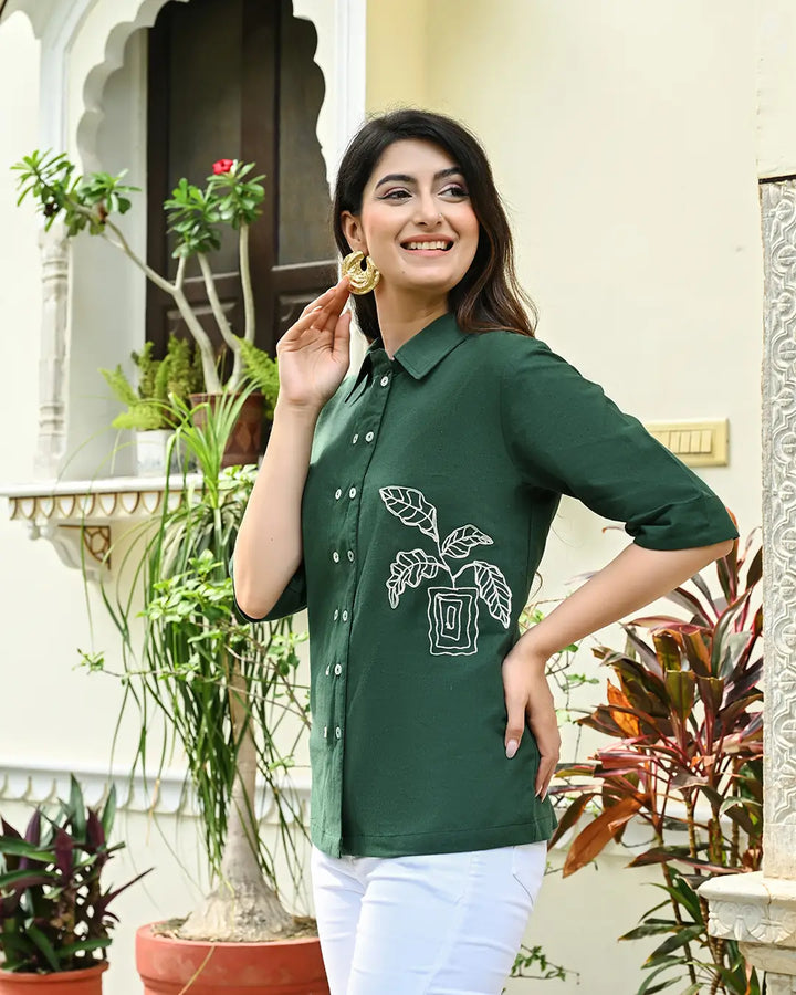 Dark Green Embroidered Shirt