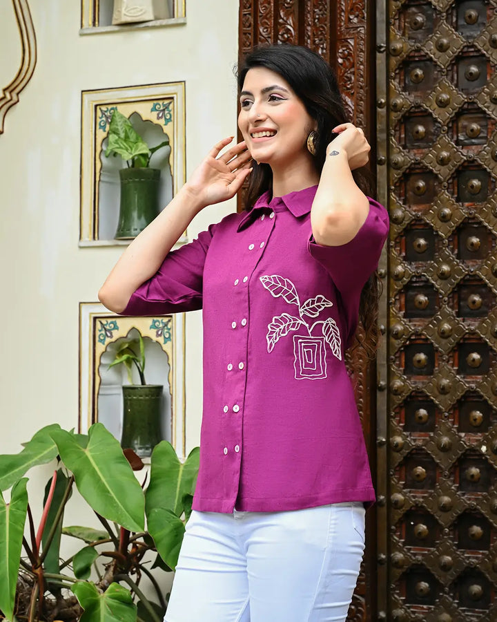 Wine Embroidered Shirt