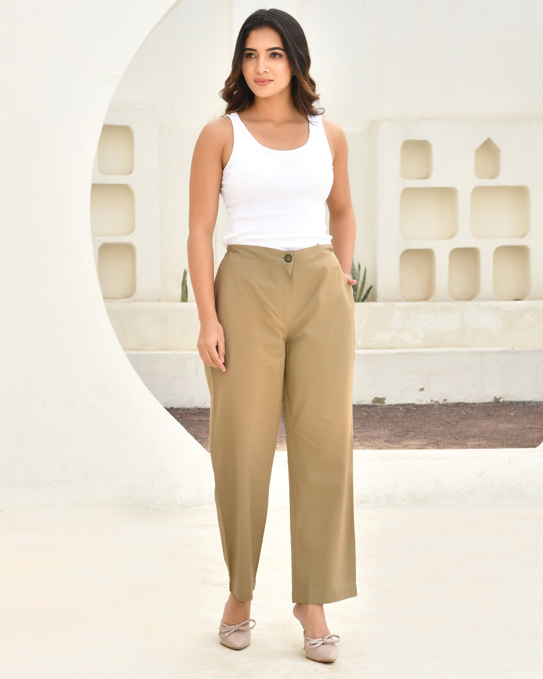 Beige Solid Straight Pants