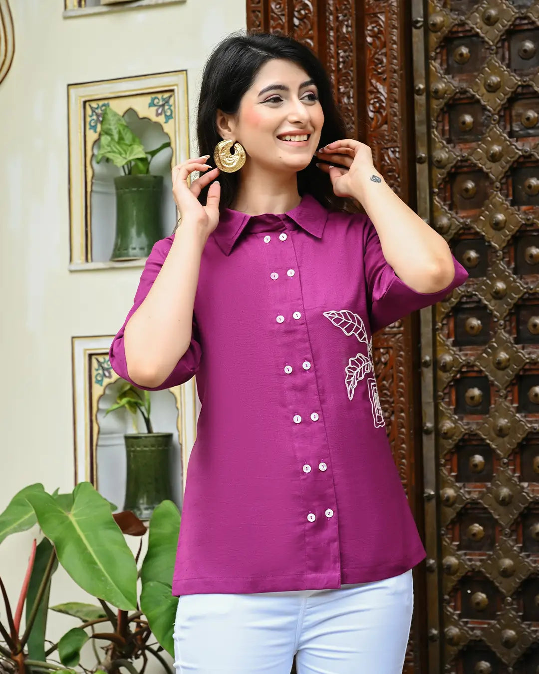 Wine Embroidered Shirt