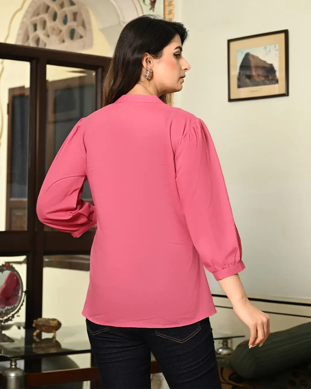 Pink Solid Pintucks Top