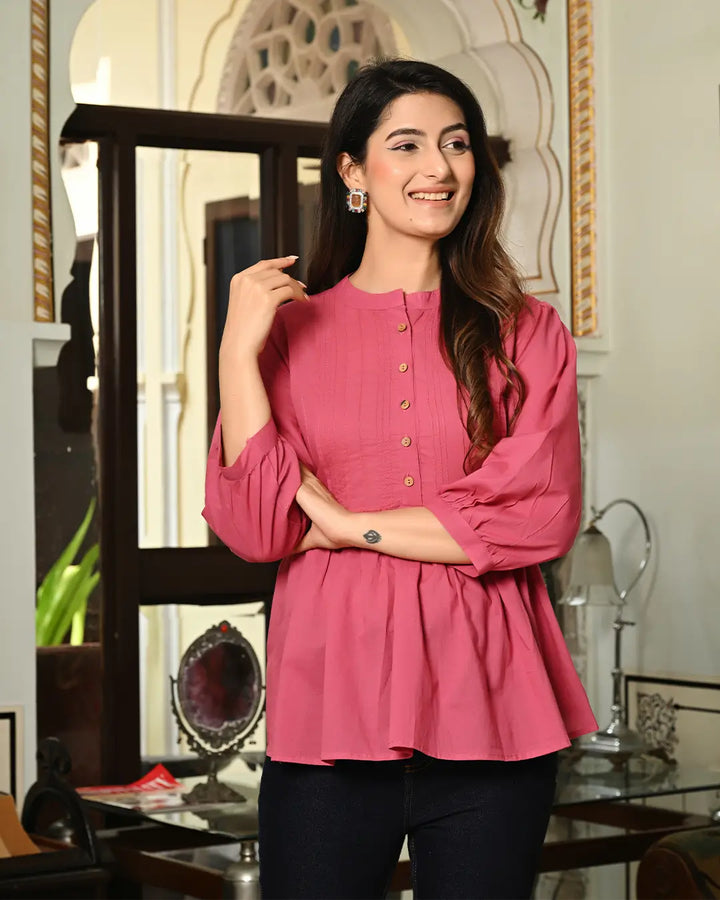 Pink Solid Pintucks Top