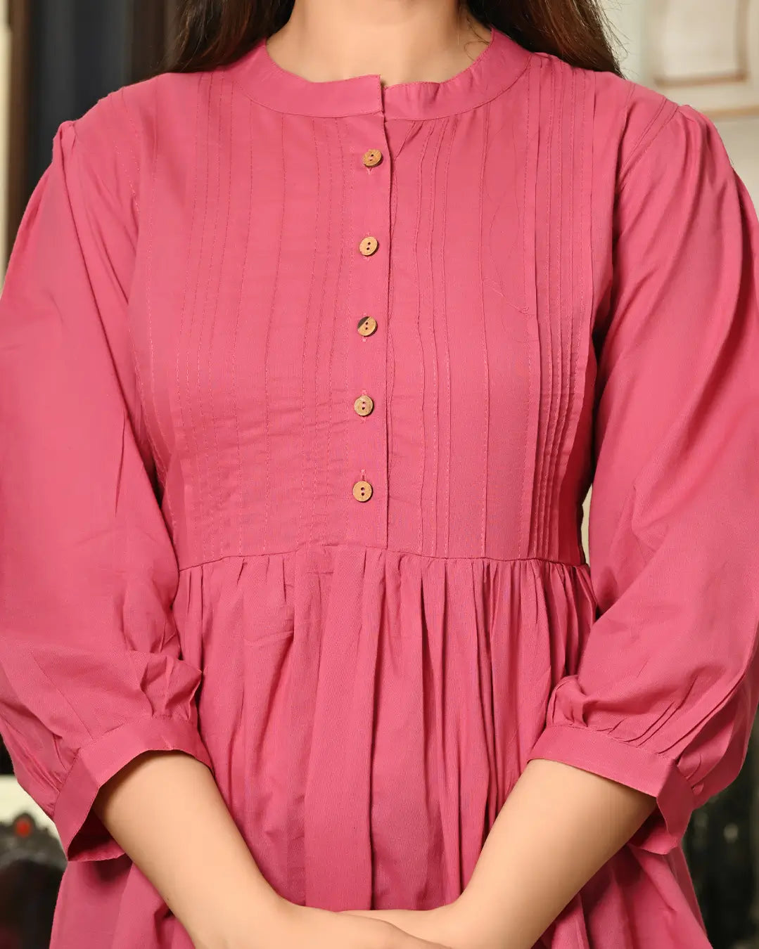 Pink Solid Pintucks Top