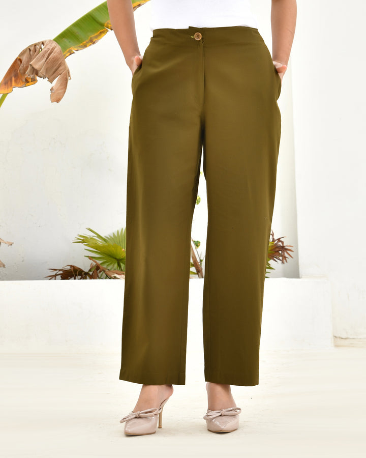 Deep Olive Solid Straight Pants