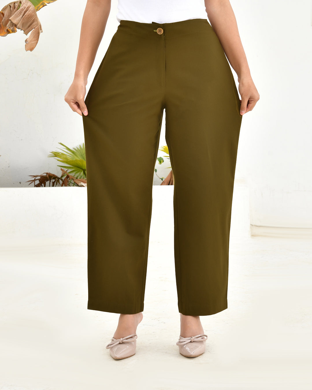 Deep Olive Solid Straight Pants