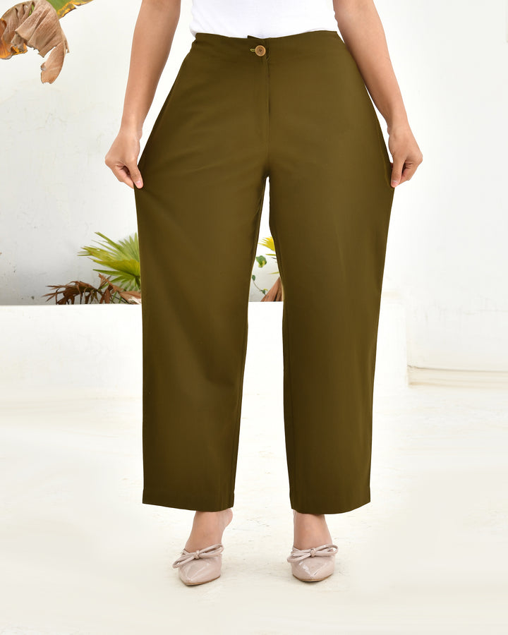 Deep Olive Solid Straight Pants