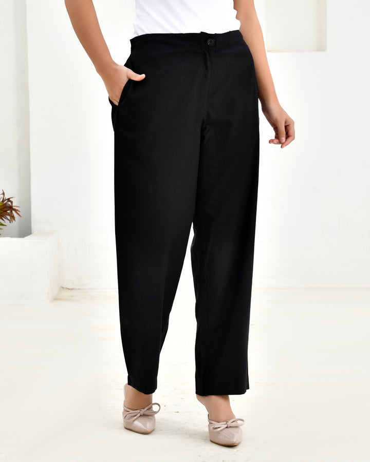 Black Solid Straight Pants