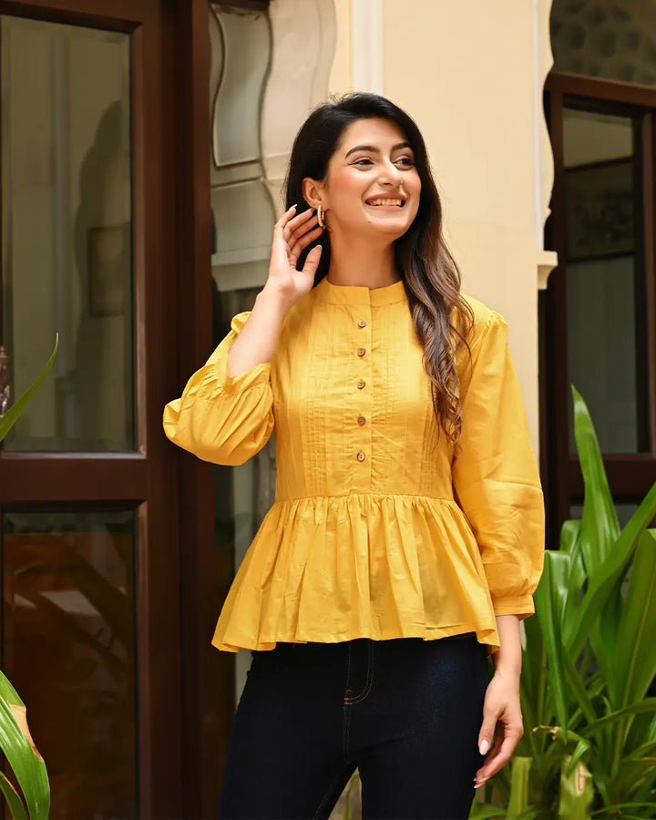 Yellow Solid Pintucks Top