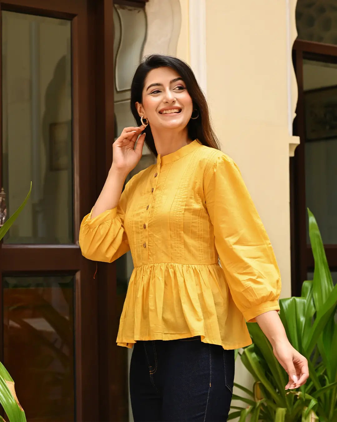 Yellow Solid Pintucks Top