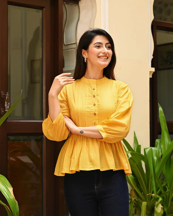 Yellow Solid Pintucks Top