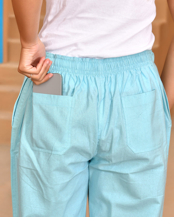 Sky Blue Solid Straight Pants