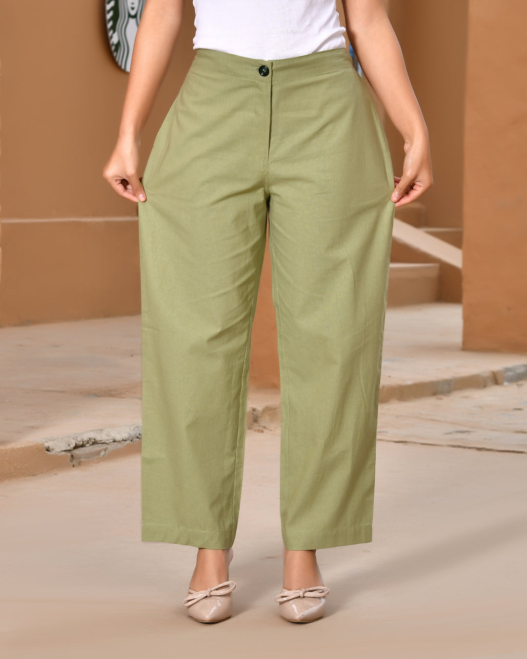 Sage Green Solid Straight Pants