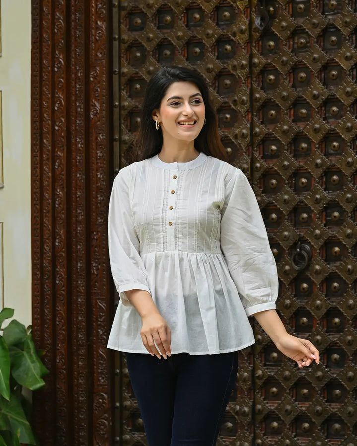 White Solid Pintucks Top