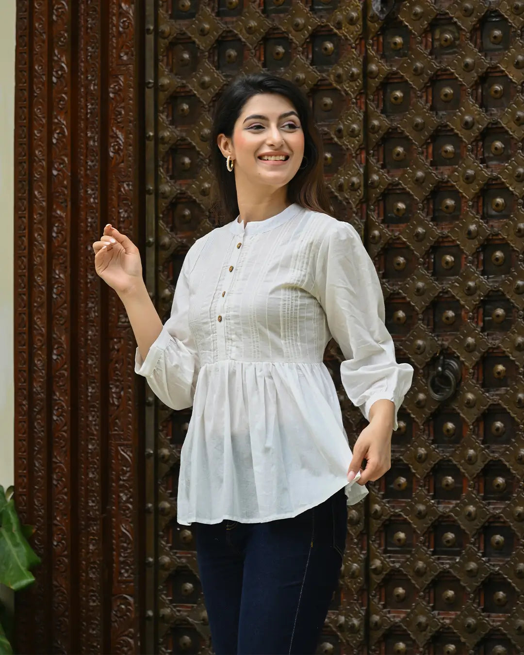 White Solid Pintucks Top