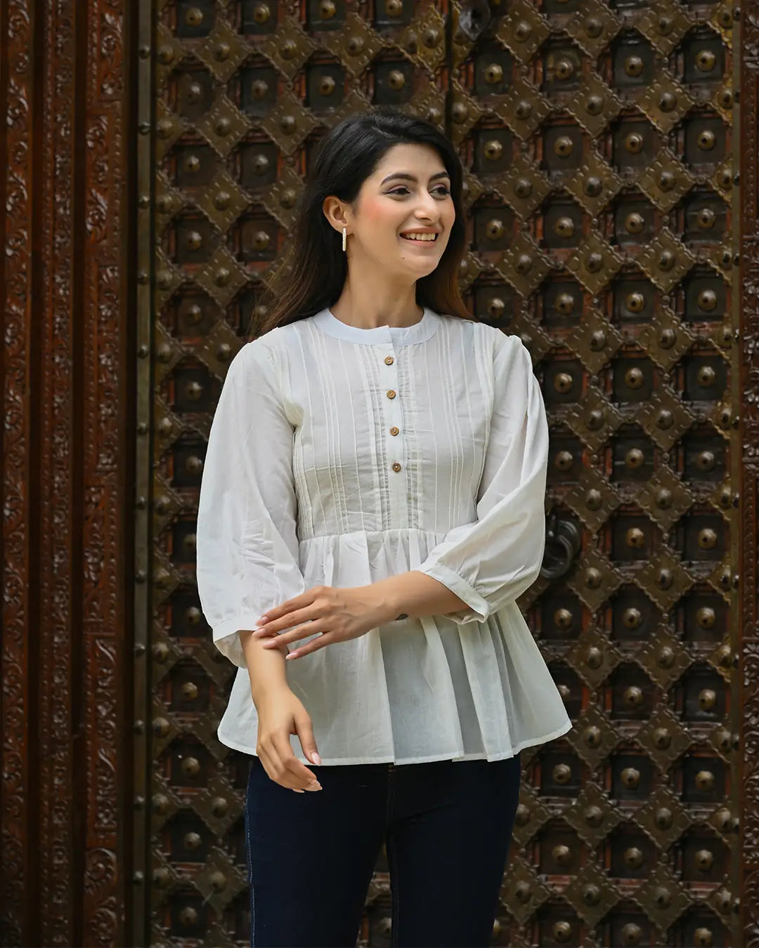 White Solid Pintucks Top