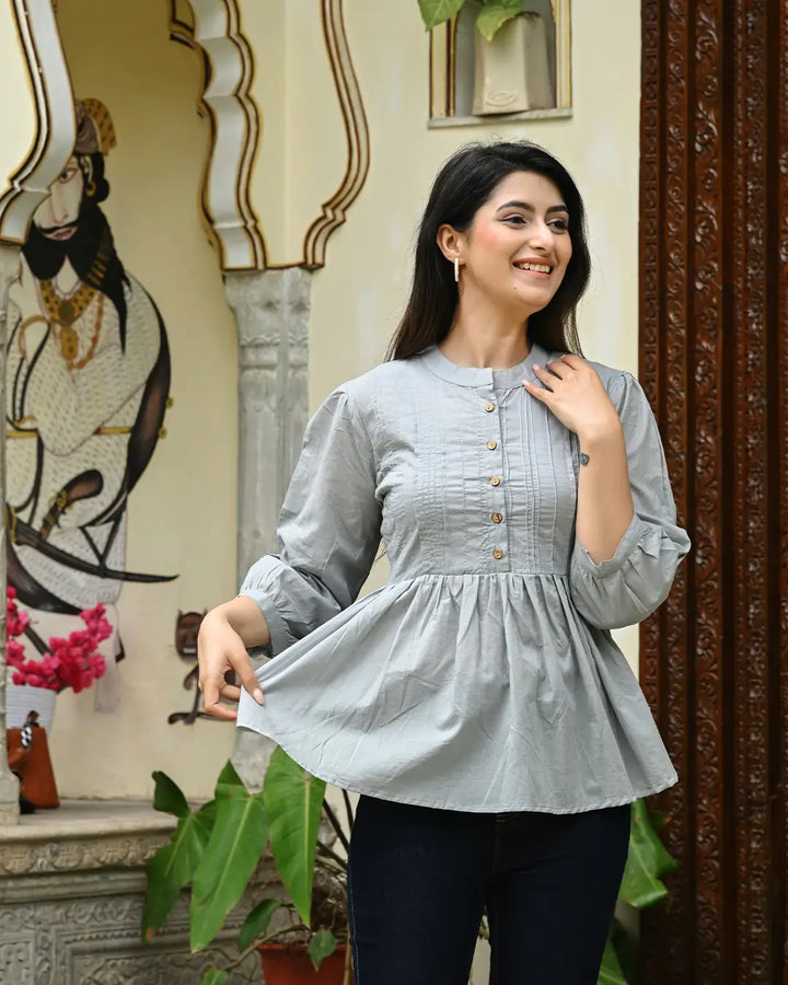 Gery Solid Pintucks Top