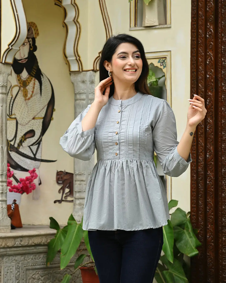 Gery Solid Pintucks Top