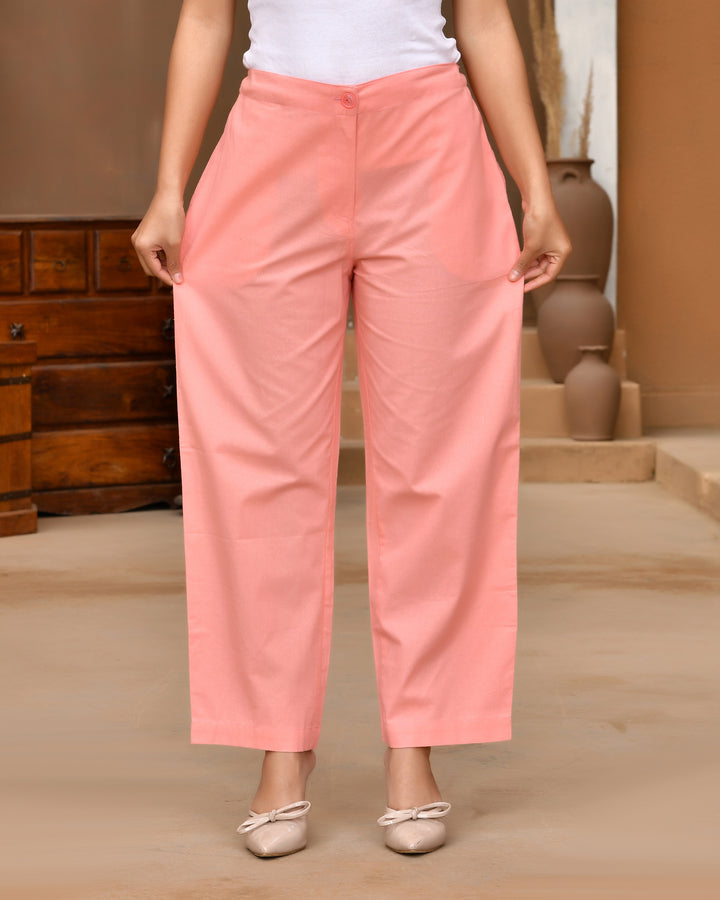 Peach Solid Straight Pants