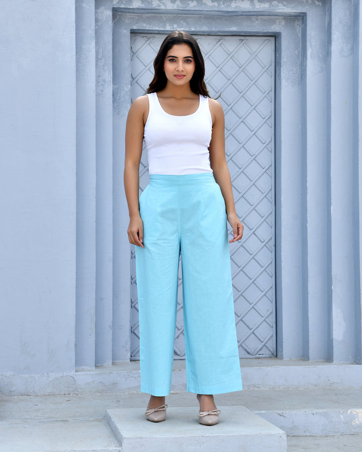 Sky Blue Airy Linen Wide leg Pants