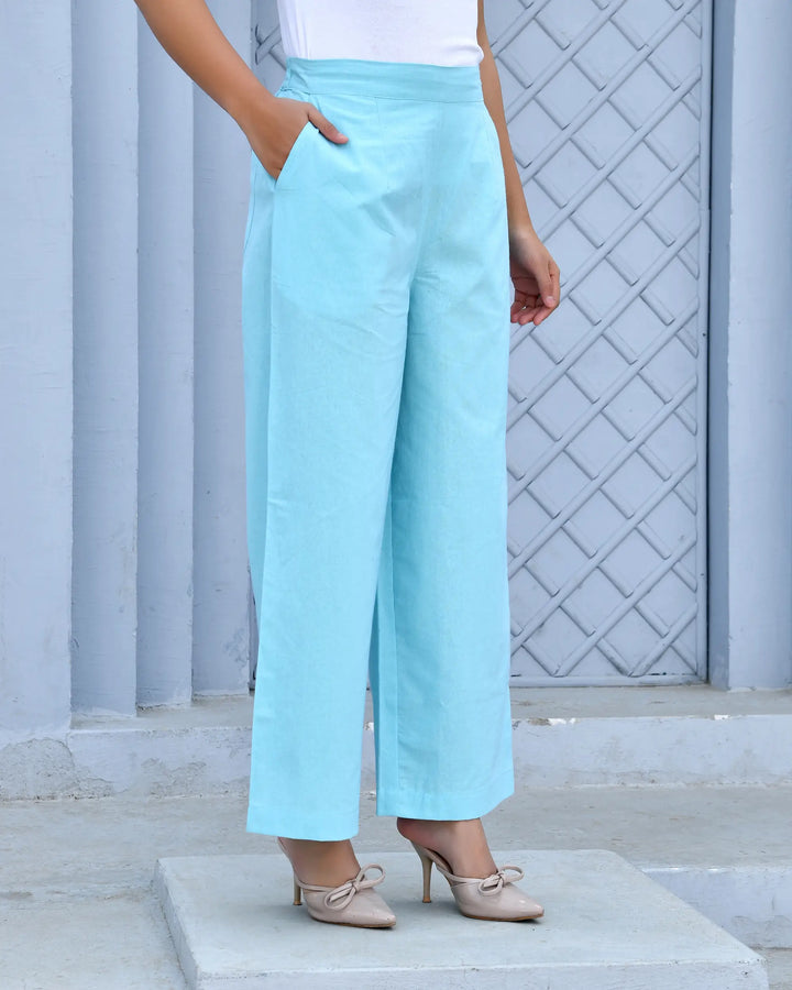 Sky Blue Airy Linen Wide leg Pants