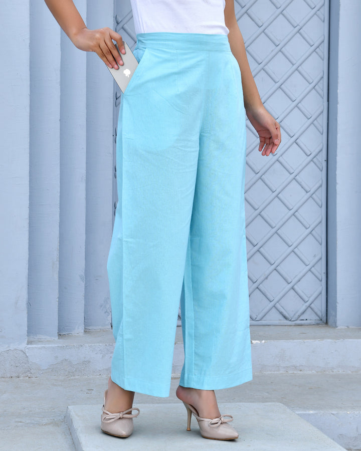 Sky Blue Airy Linen Wide leg Pants