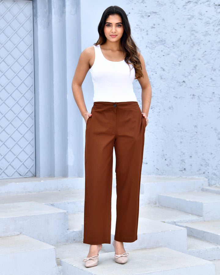 Coffee Brown Solid Straight Pants