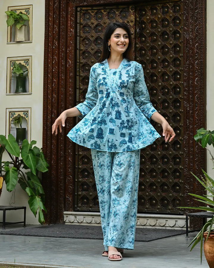 Monument Blue printed Aline Co- ords Set