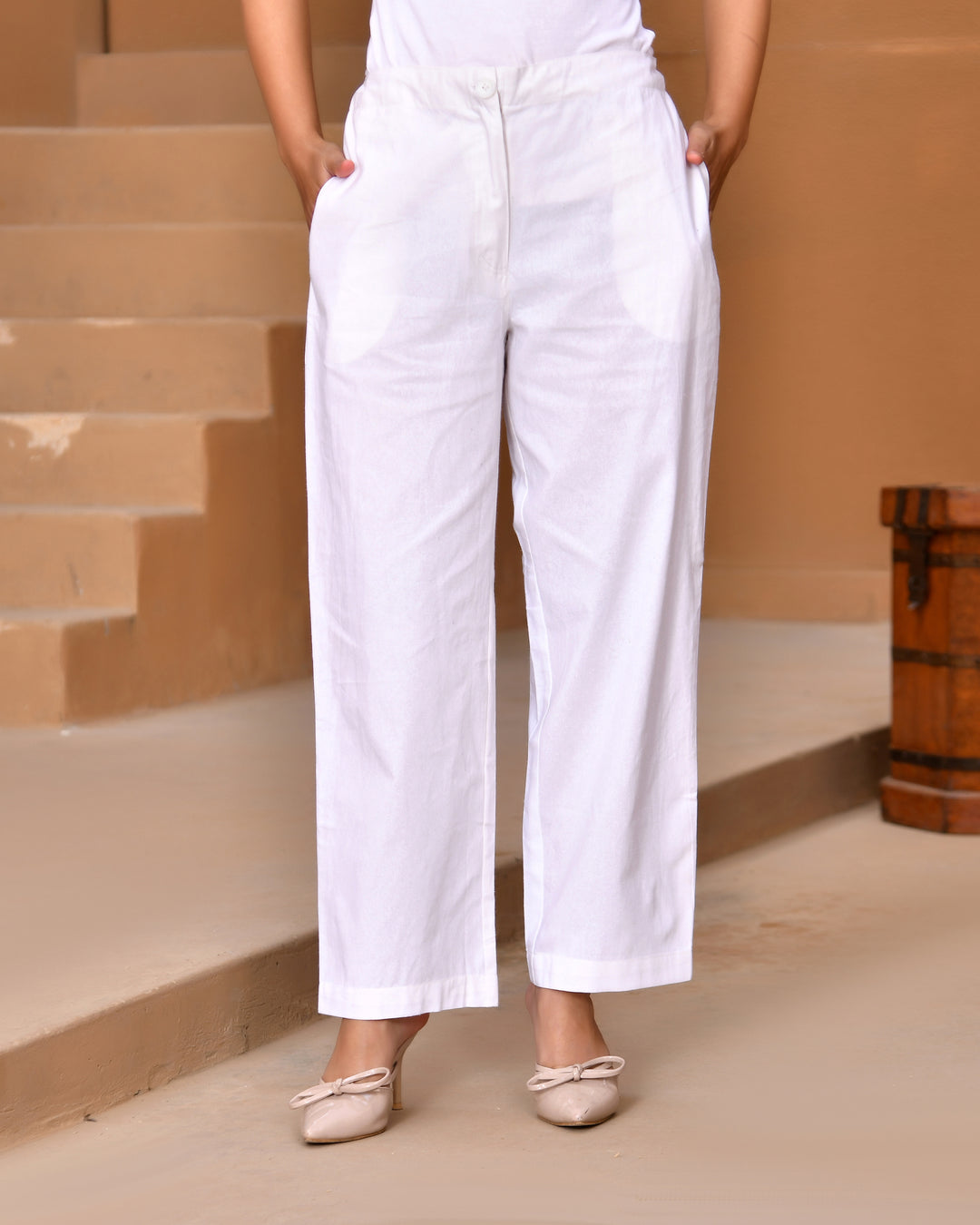 White Solid Straight Pants