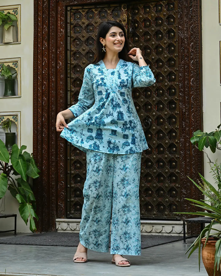 Monument Blue printed Aline Co- ords Set