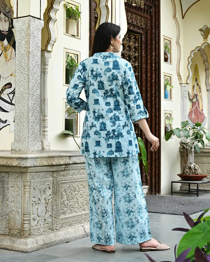 Monument Blue printed Straight Co- ords Set