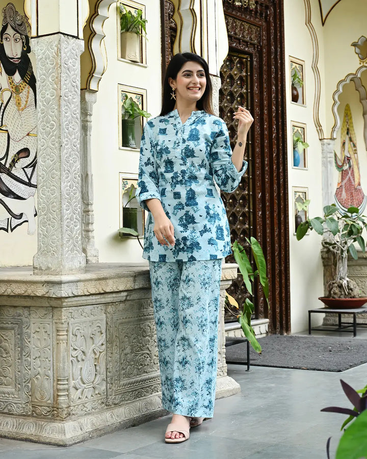 Monument Blue printed Straight Co- ords Set