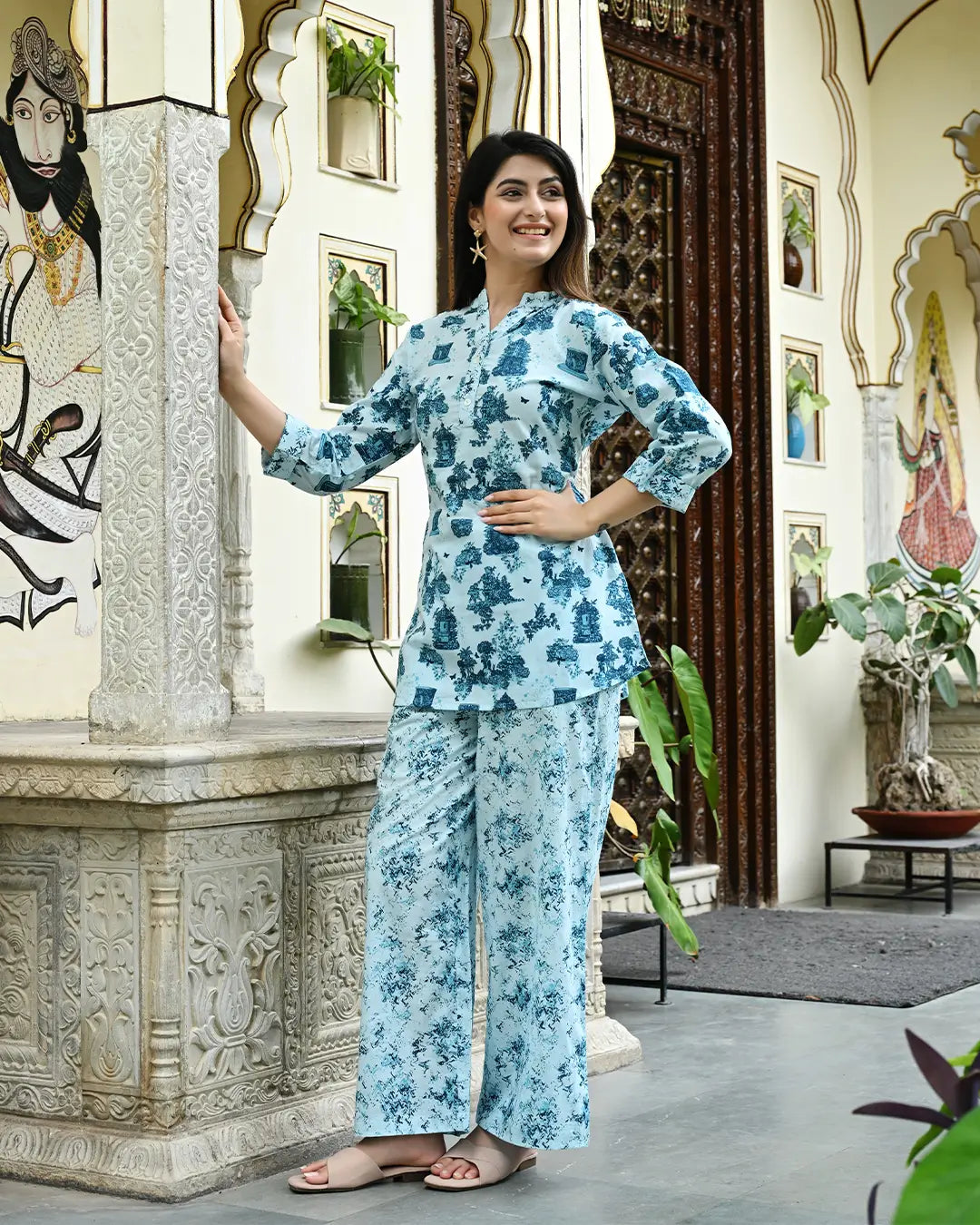 Monument Blue printed Straight Co- ords Set