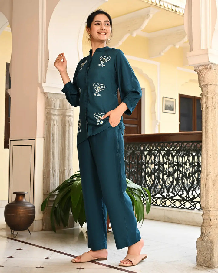 Teal Blue Embroidered Co- ords Set