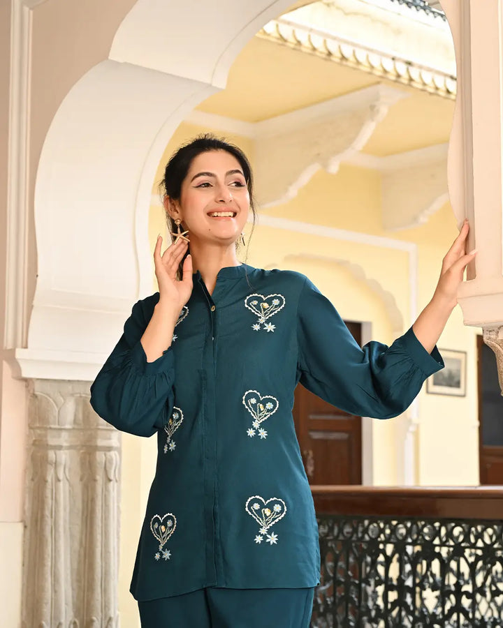 Teal Blue Embroidered Co- ords Set