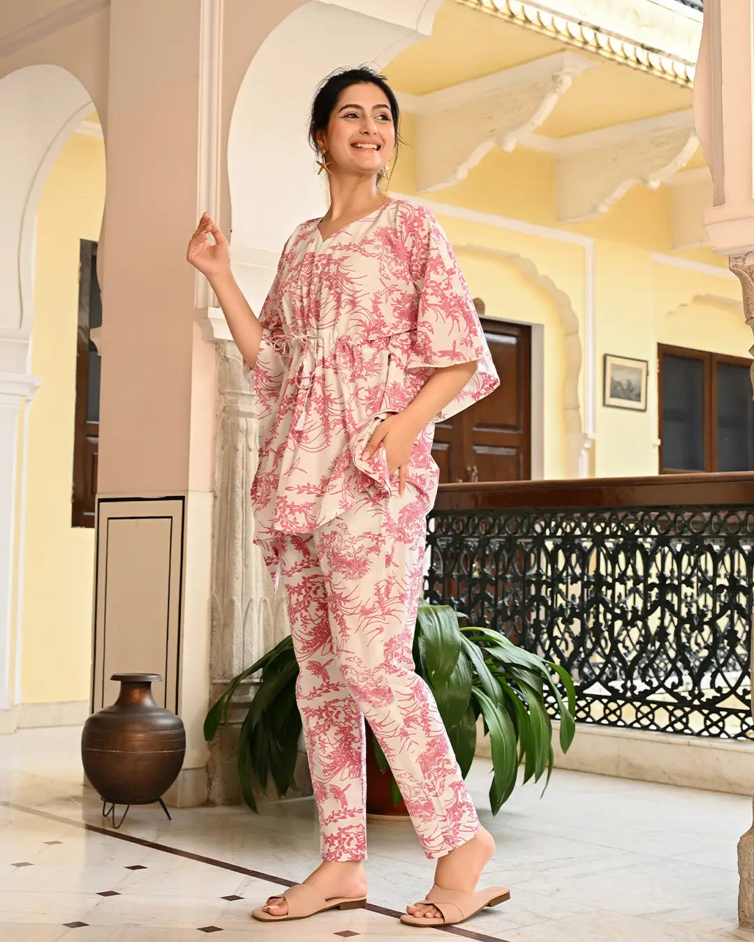 White and Pink Floral Printed Kaftan Style Co- ords Set