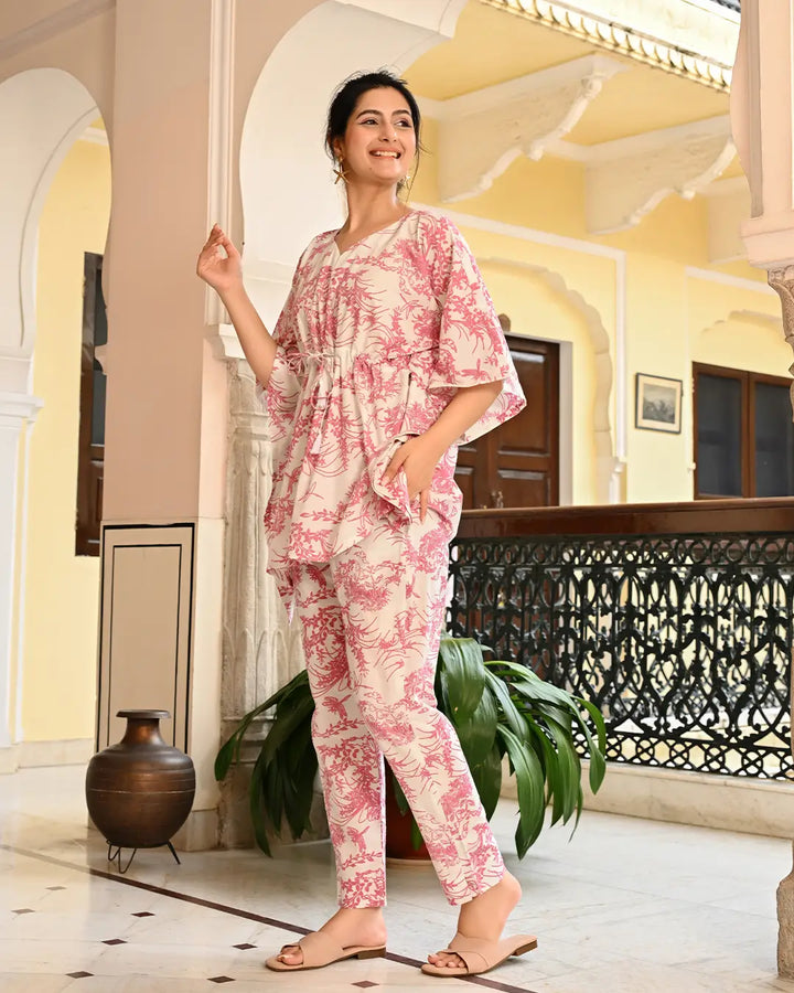 White and Pink Floral Printed Kaftan Style Co- ords Set