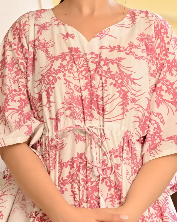 White and Pink Floral Printed Kaftan Style Co- ords Set