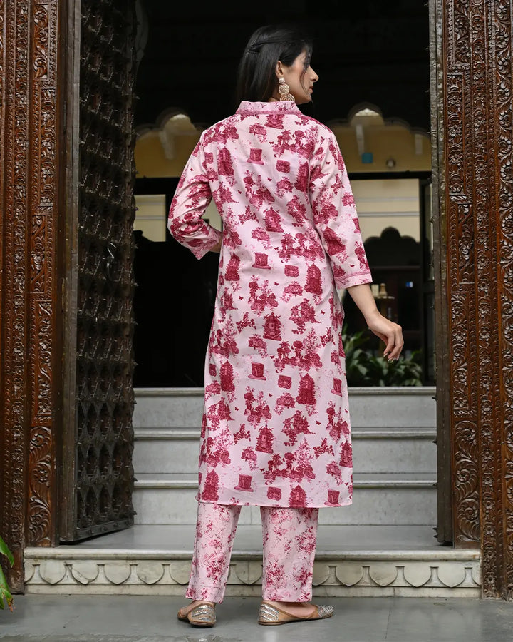 Monuments Pink Printed Cotton 3 Piece Set