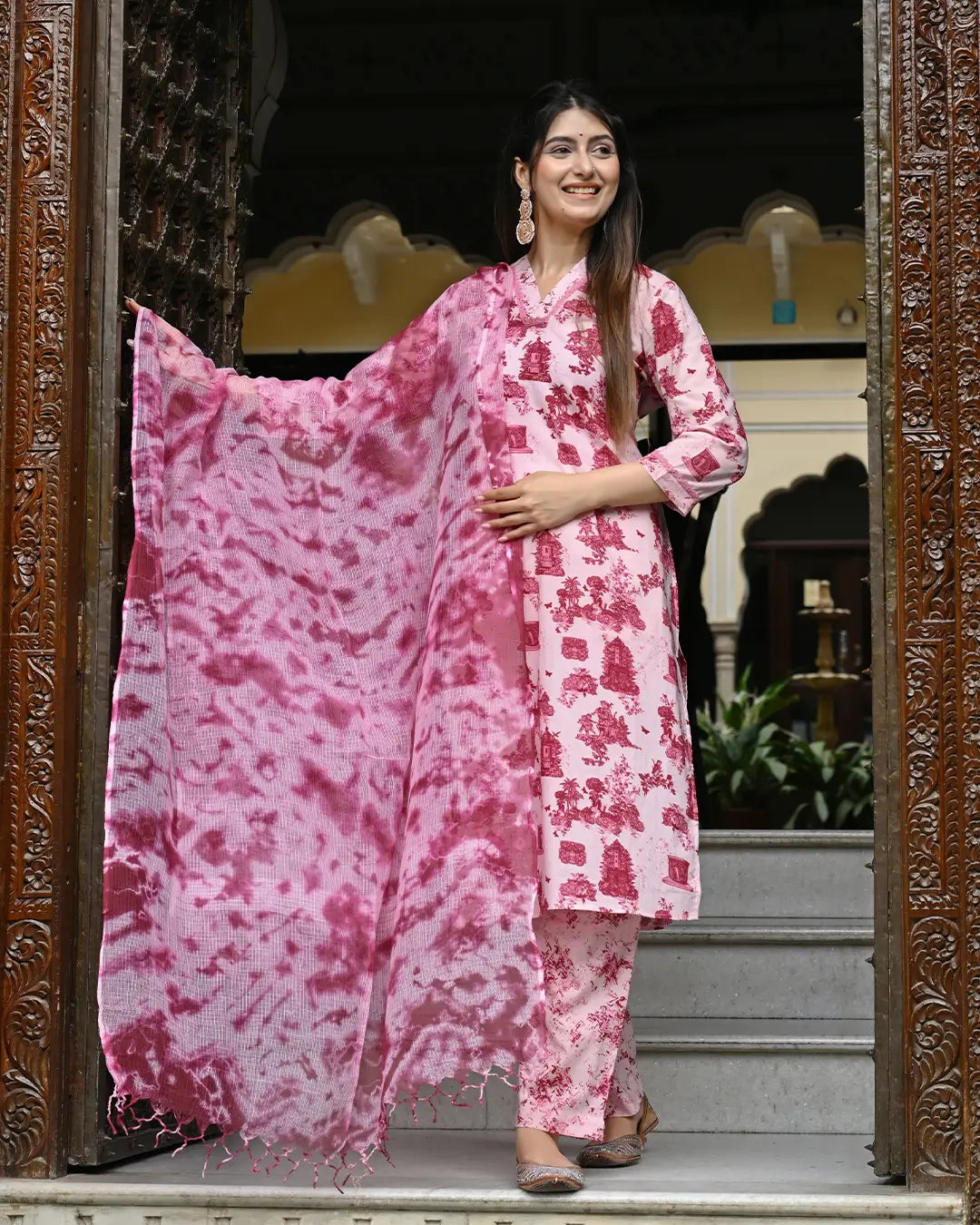 Monuments Pink Printed Cotton 3 Piece Set