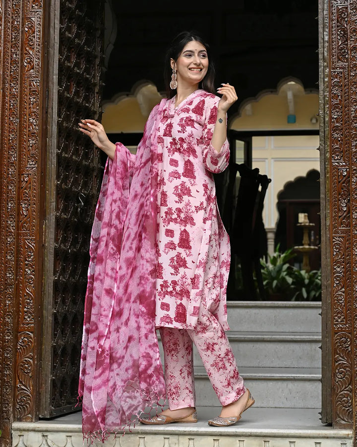 Monuments Pink Printed Cotton 3 Piece Set
