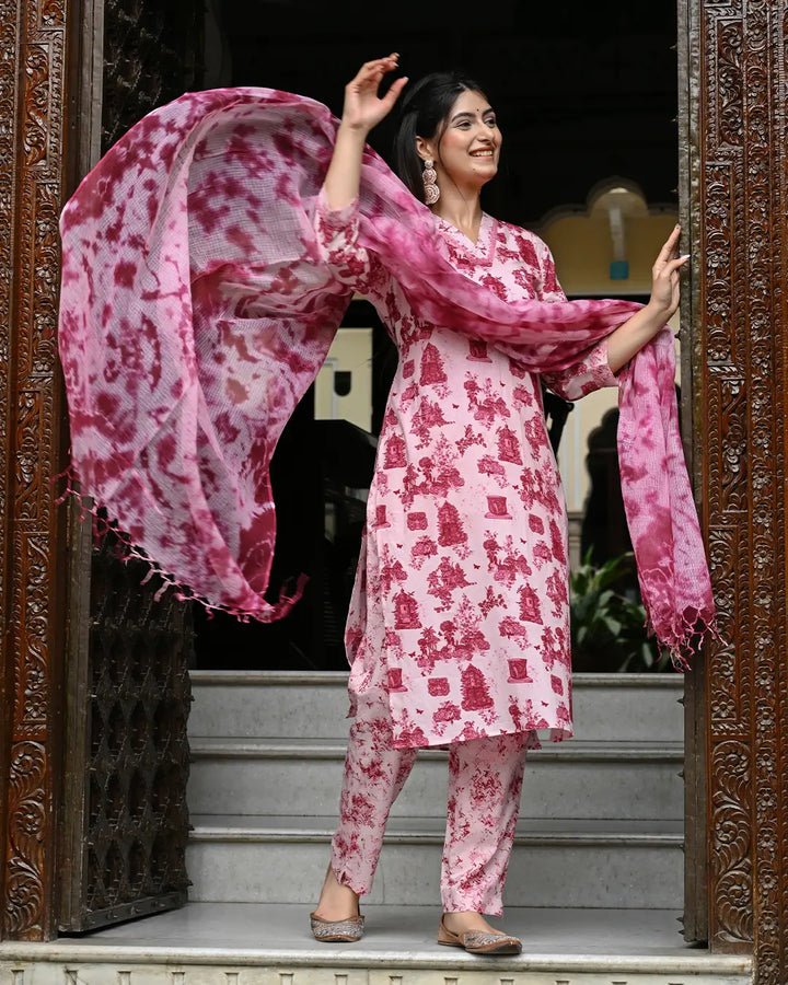 Monuments Pink Printed Cotton 3 Piece Set