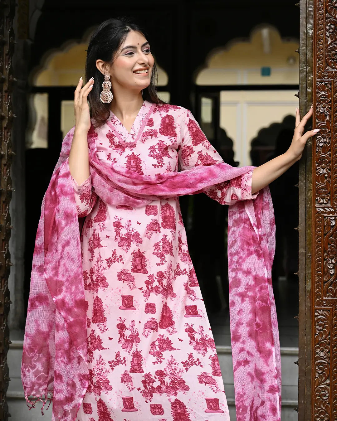Monuments Pink Printed Cotton 3 Piece Set