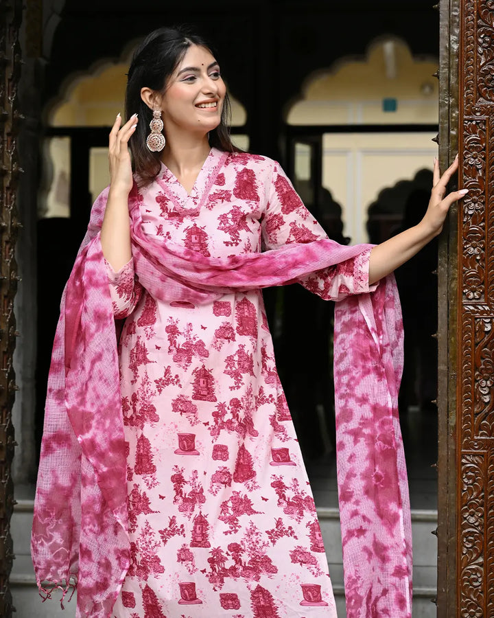 Monuments Pink Printed Cotton 3 Piece Set