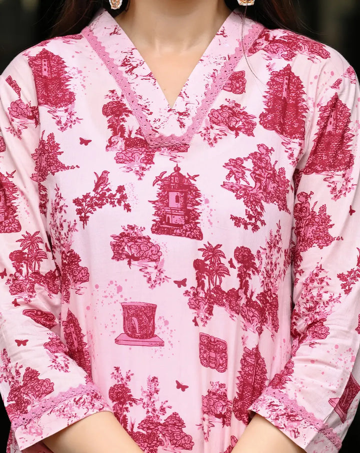 Monuments Pink Printed Cotton 3 Piece Set